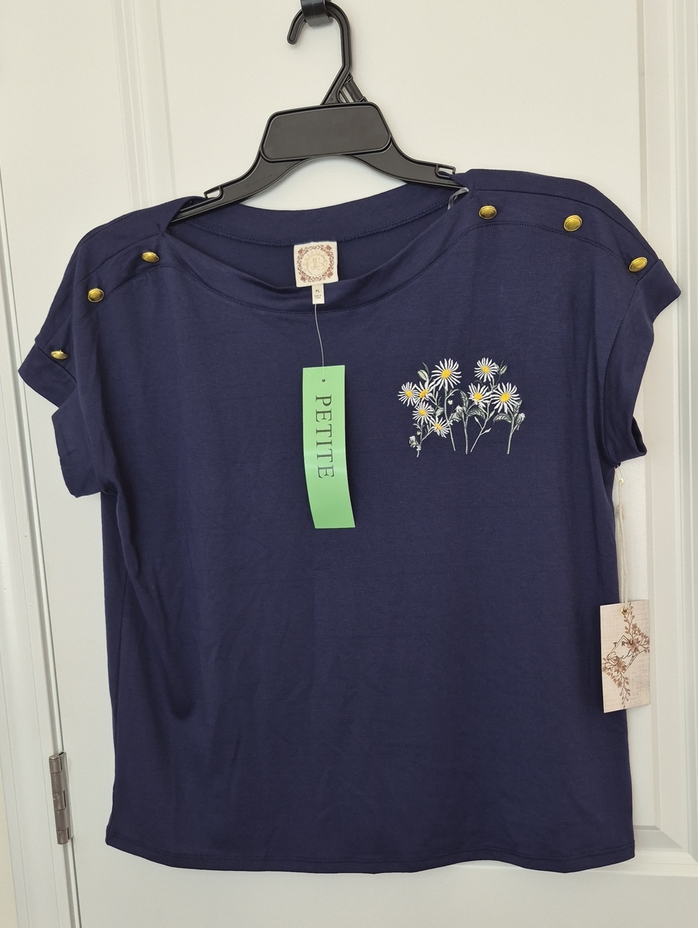 Navy Petite Short Sleeve Tee with Daisy Embroidery and Gold Button Detail Sz PL